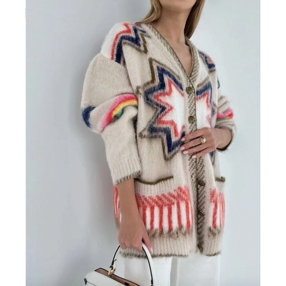 Commense Caesars Palace Rainbow Etro Oversized Cardigan Knit Sweater L
